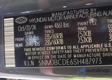 2025 Hyundai Tucson Sel from USA, damaged, VIN 5NMJBCDE6SH487973